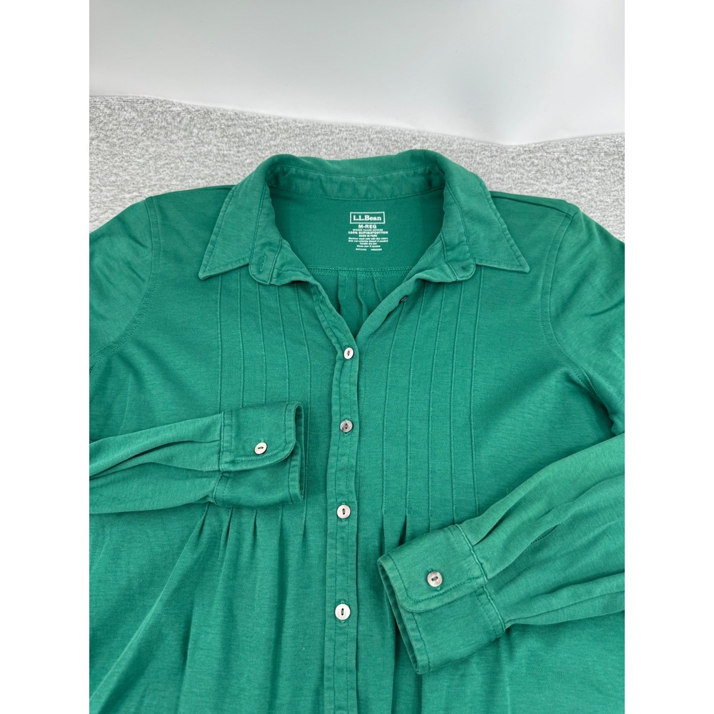 L.L. Bean Supima Cotton Pintuck Top Green Long Sleeve M-REG